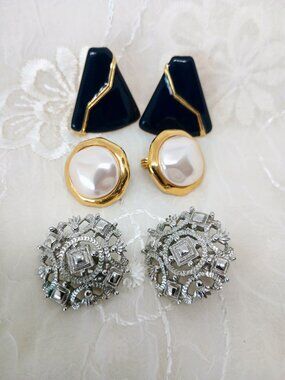 Lot of Vintage Monet EARRING Geometric Enamel.Gold Tone Pearl. Filigree~Clip On